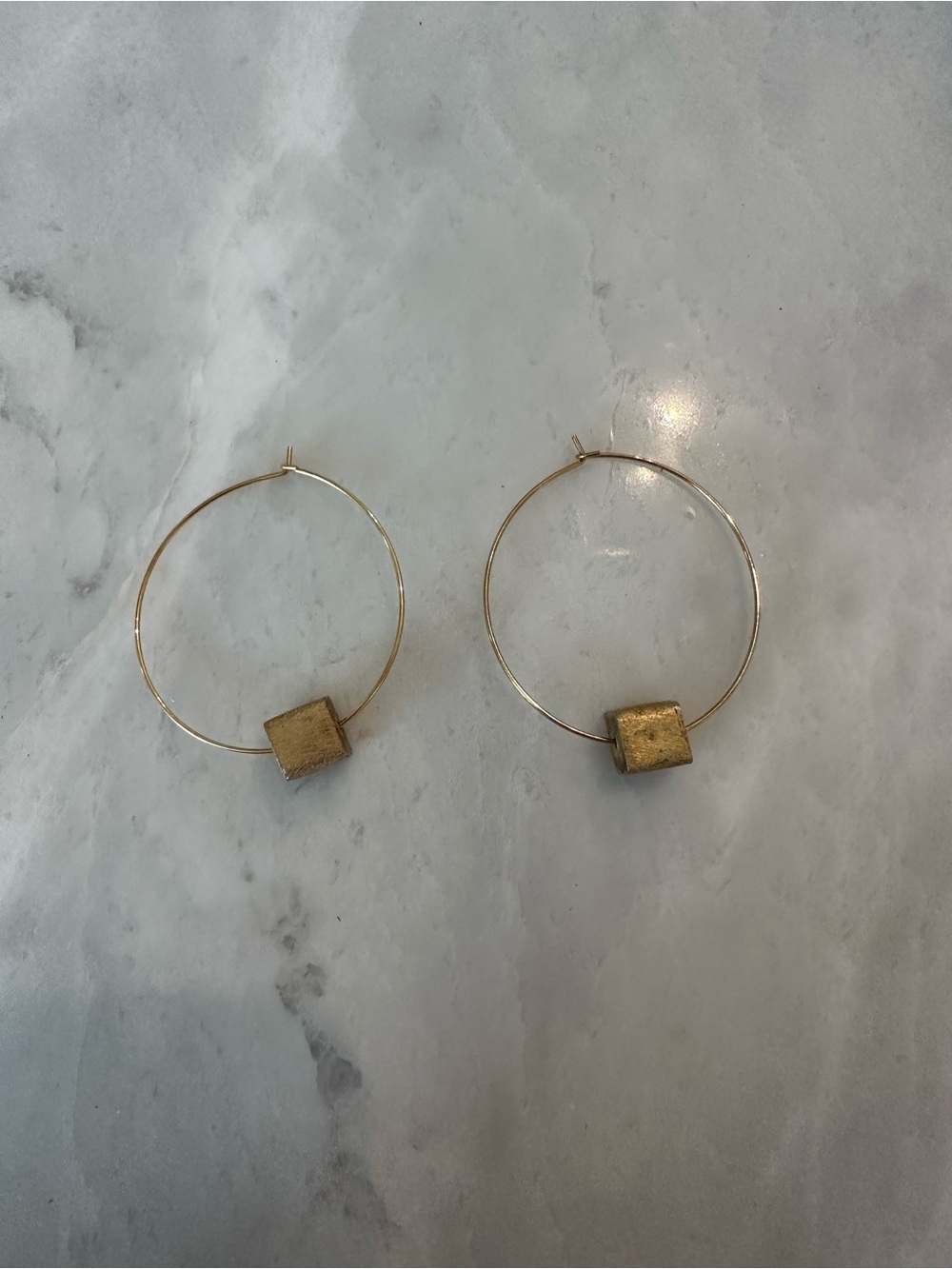 Gold Hoop Earrings with Geometric Cube Accent